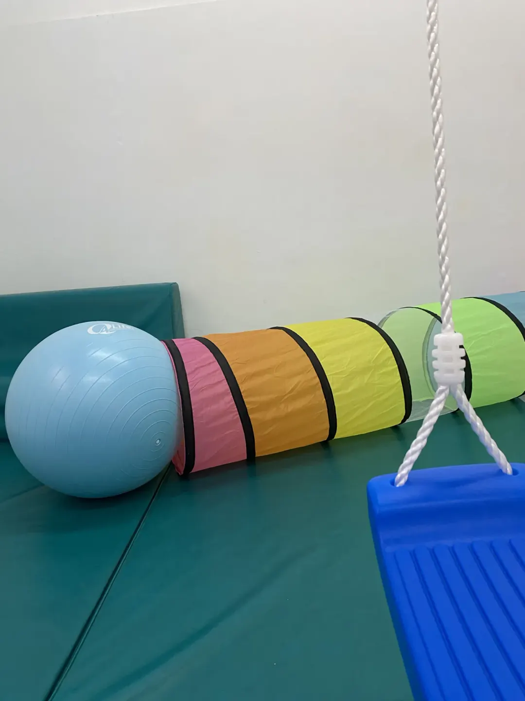 Sala de psicomotricitat d'Espai Tribu, centre de desenvolupament infantil a Vilanova i la Geltrú: pilota gran, túnel i gronxador.